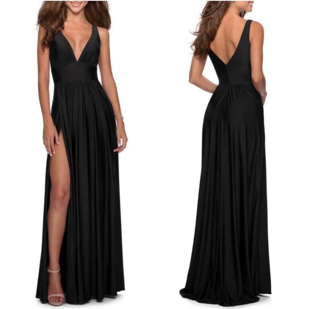 LA FEMME Plunge Neck A-line black high front slit Gown